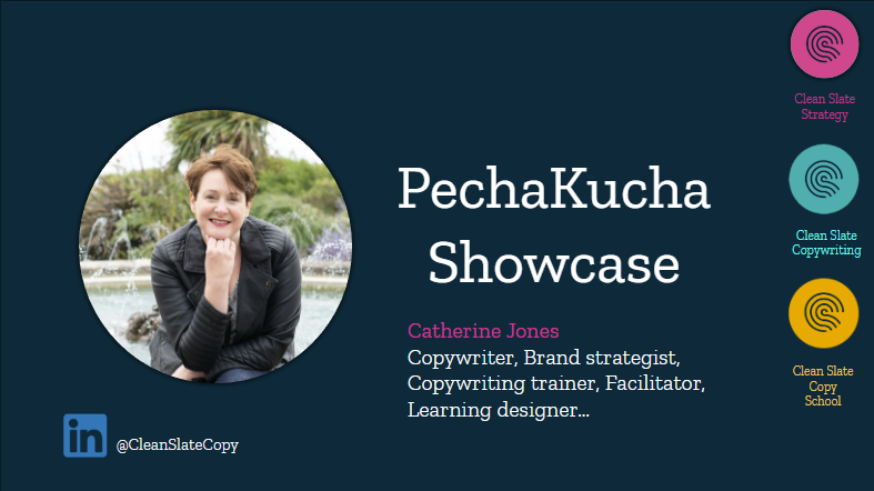 title slide for pecha kucha creative showcase catherine jones